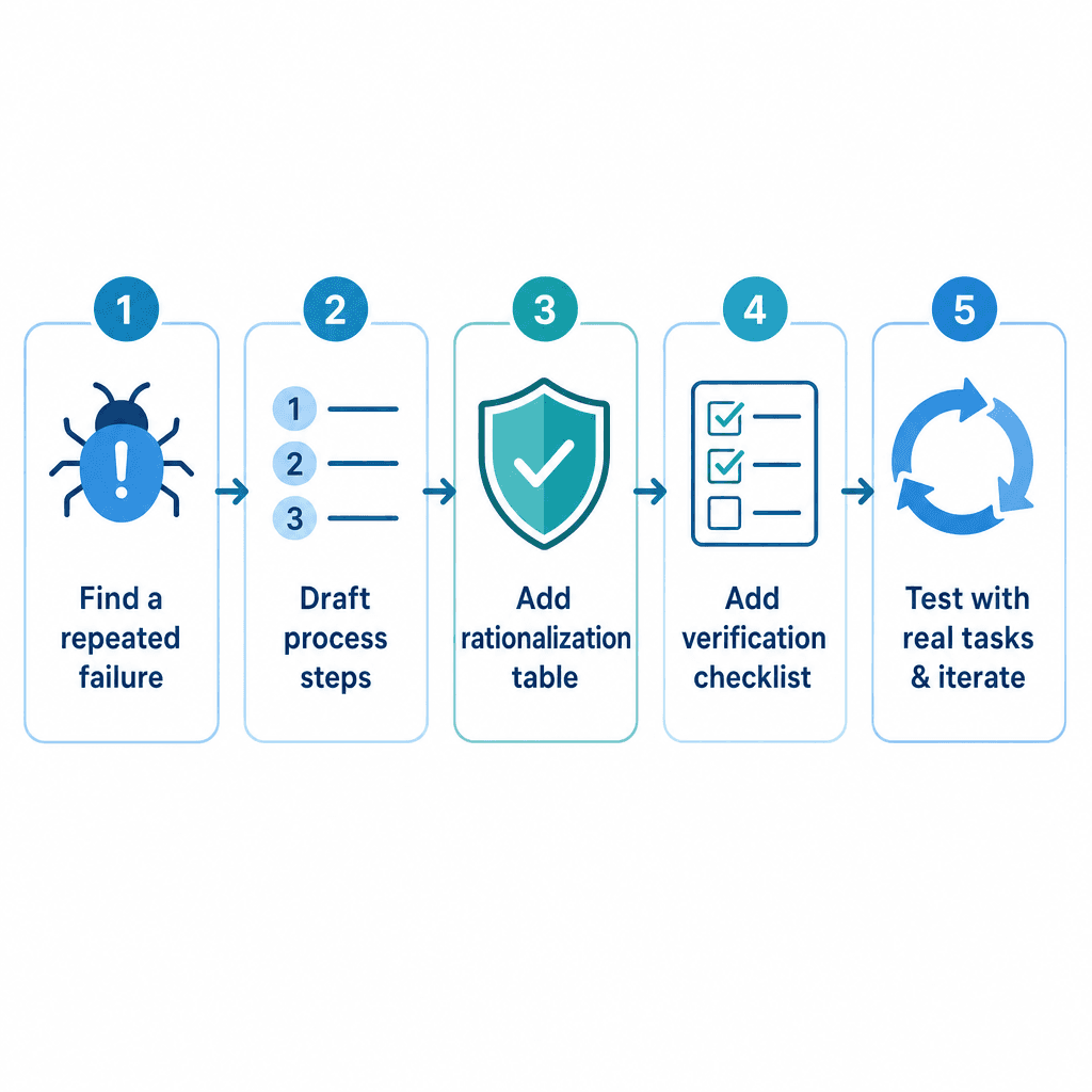 The skill-authoring loop: find a repeated failure, draft the process, add rationalizations, add verification, then test against real tasks and iterate.