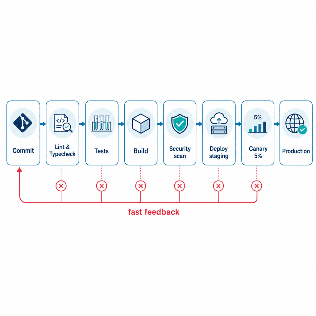 The day-one CI/CD pipeline: every commit runs lint, typecheck, tests, build, and security scanning before staged deployment.