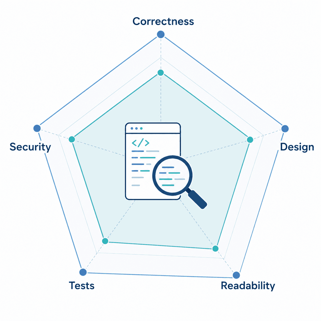 The five axes every change is reviewed against: correctness, design, readability, tests, and security.