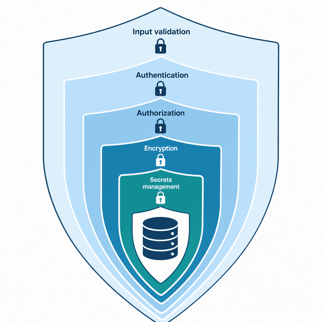 Defense in depth: validation, authentication, authorization, encryption, and secrets management layered around the data.