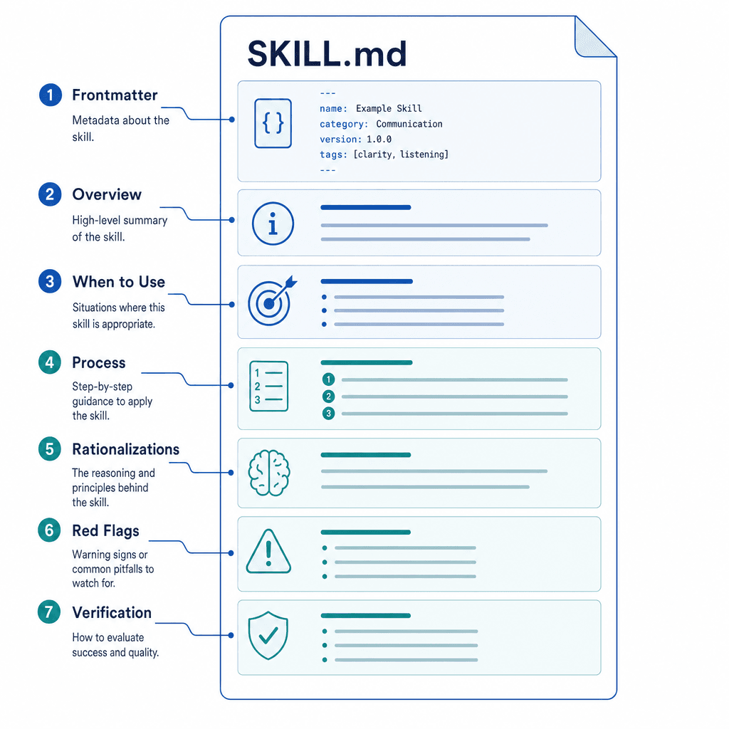 The anatomy of a SKILL.md file: frontmatter for discovery, then overview, triggers, process, rationalizations, red flags, and verification.