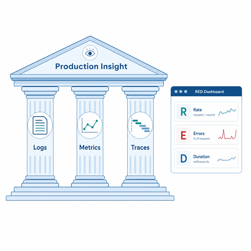 The three pillars of observability — logs, metrics, and traces — supporting production insight.
