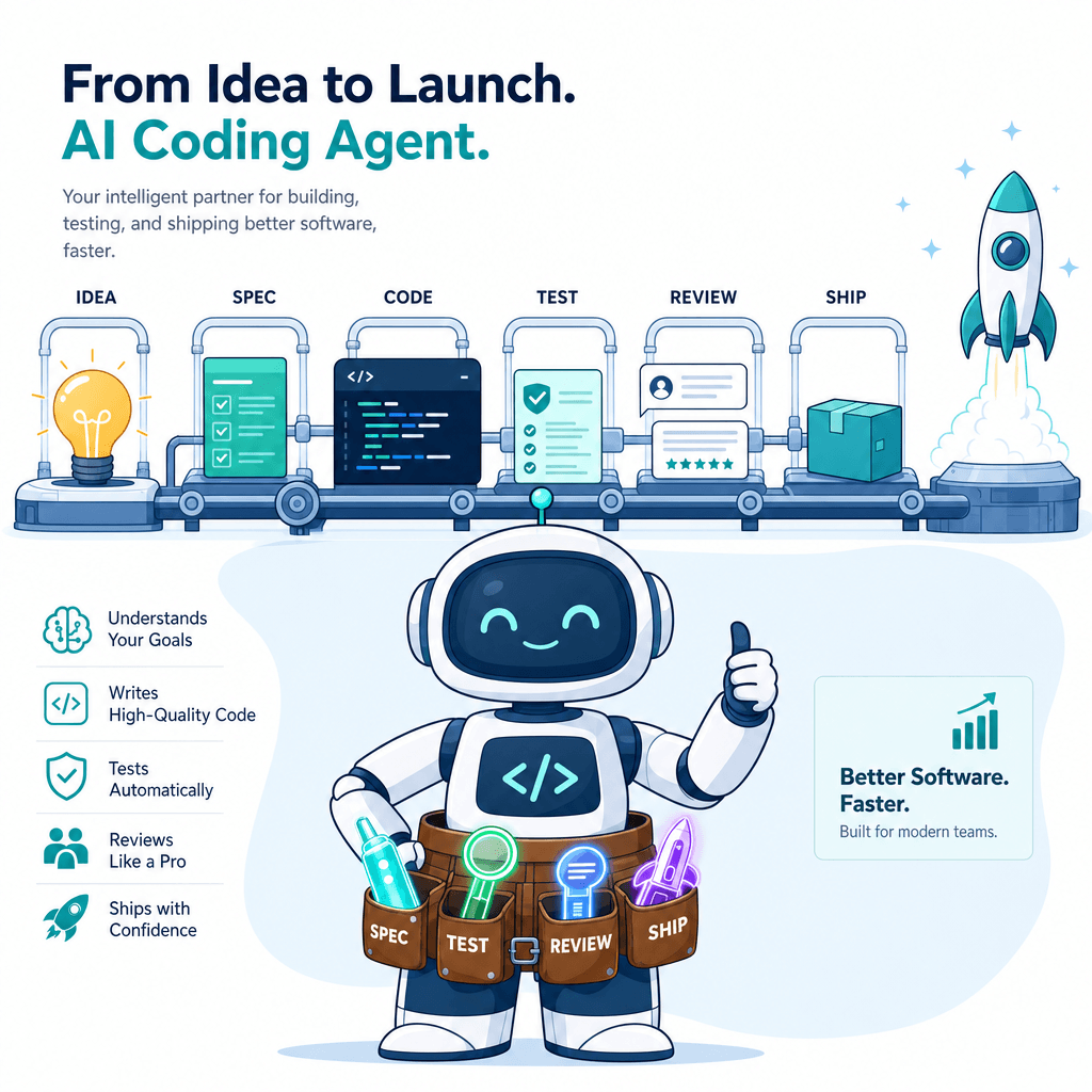 A robot AI coding agent with a toolbelt of engineering skills, standing before an idea-to-launch assembly line