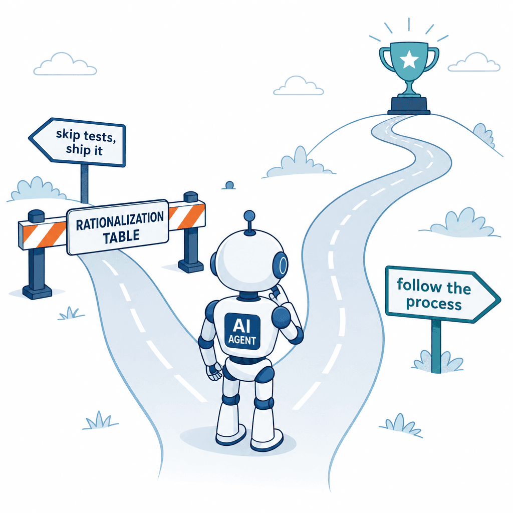 Anti-rationalization in one picture: the shortcut is blocked by a named, pre-refuted excuse; the process path is the only one left.