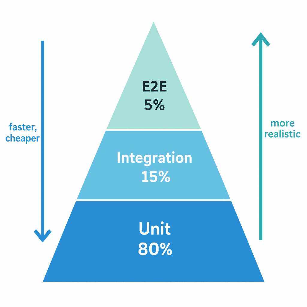 The test pyramid the TDD skill enforces: roughly 80% unit, 15% integration, 5% end-to-end.