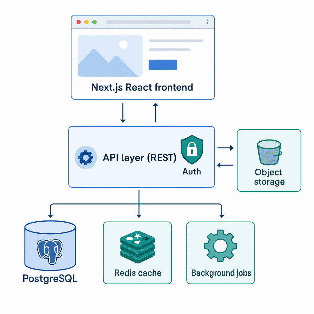 TaskPilot's target architecture: a Next.js frontend over a REST API layer with auth, PostgreSQL, Redis, background jobs, and object storage.